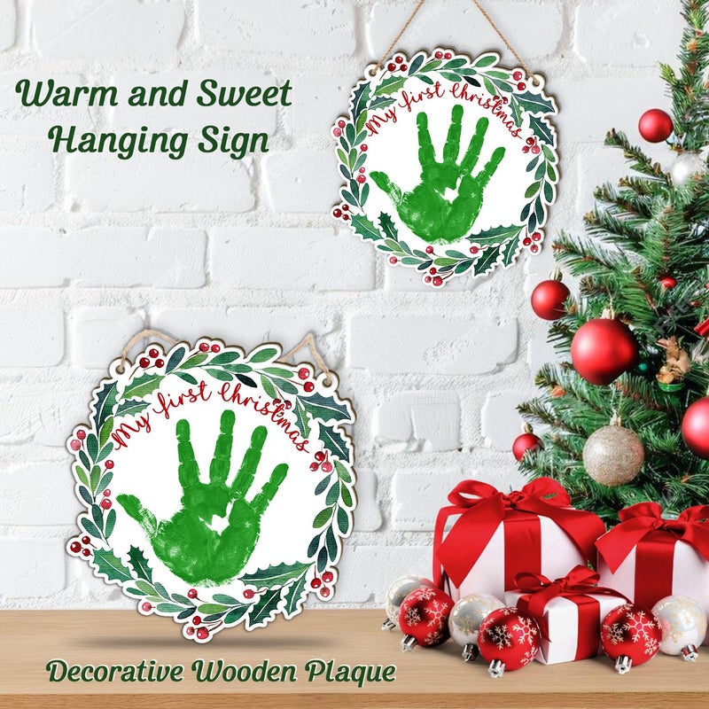 BEETHIS DIY Baby's First Christmas Handprint Wood Hanging Door Wall Sign Decor, Holy Round Sign, My First Holiday Milestone Signs, Baby's First 2025 Announcement, Newborn Baby Keepsake Gift (Ink Not Included) - Image 4